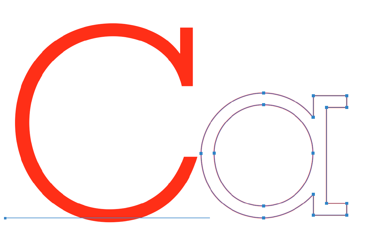 A large red C beside the letter a shown as vector outlines with anchor points