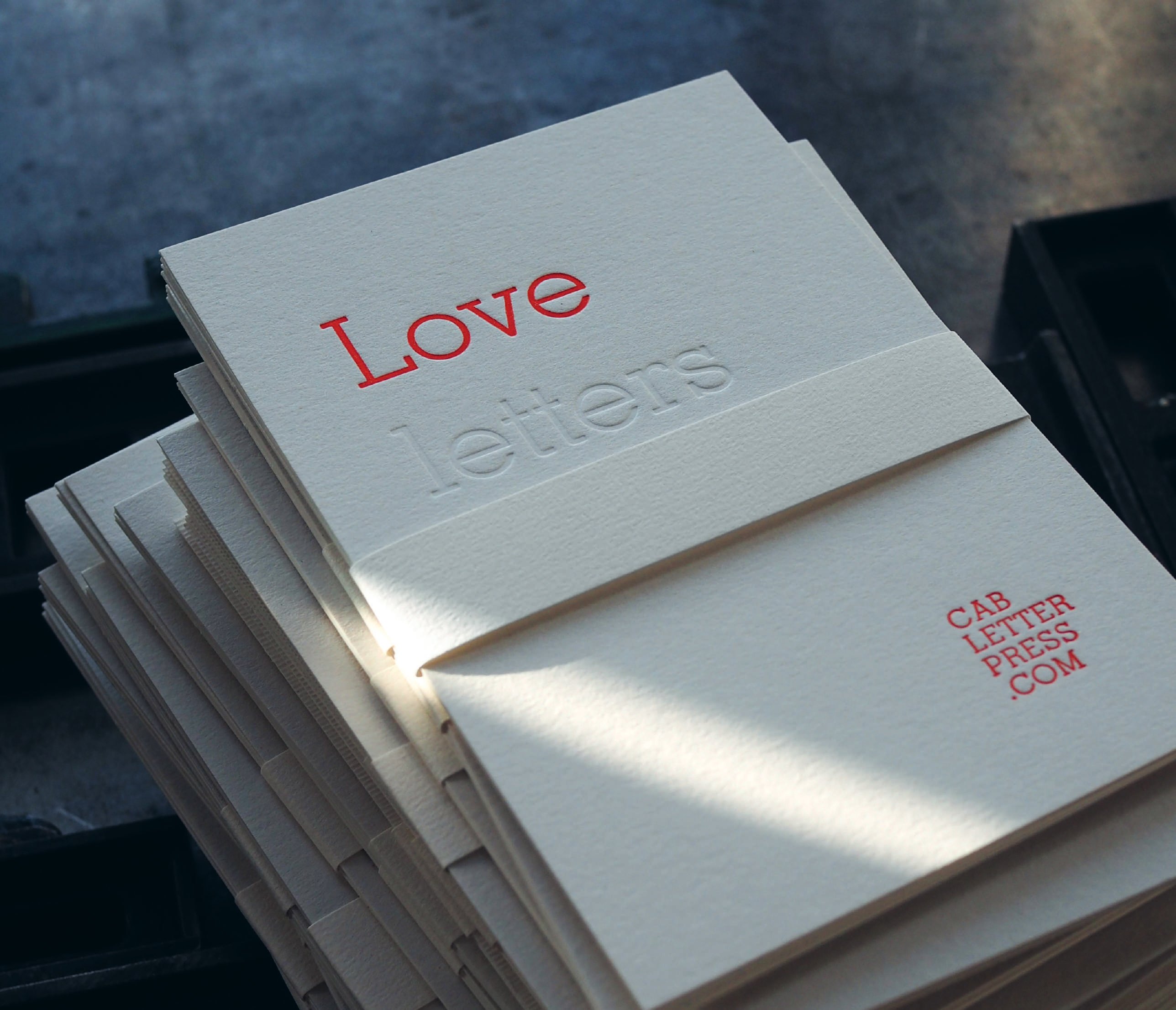 Love Letters cards, letterpressed in red on cotton stock